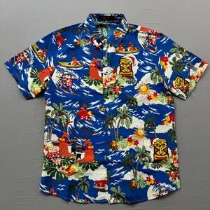 SSLR Mens Blue Tropical Christmas Hawaiian Shirt Surfing Santa Reindeer Small